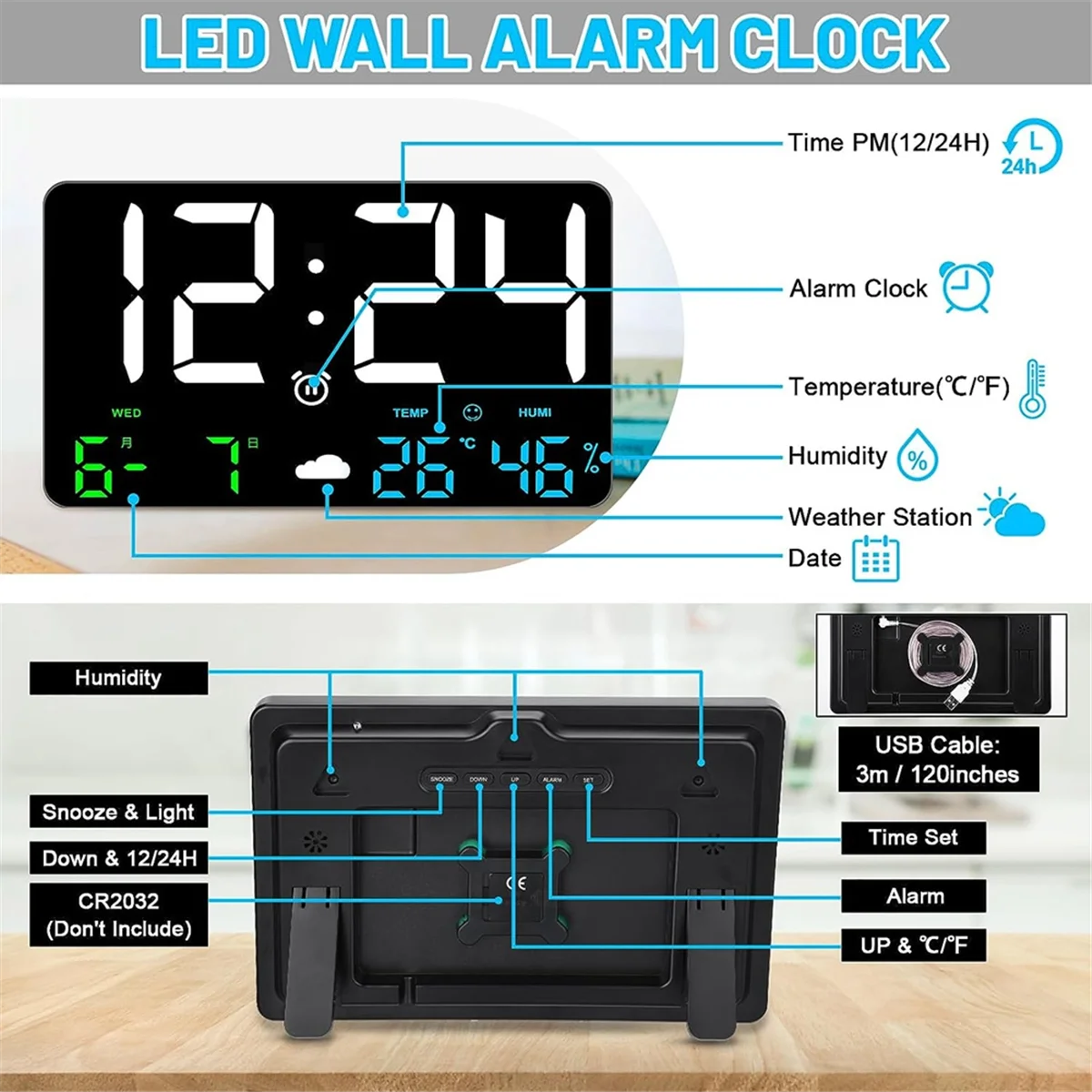 Digital Wall Clock Large Display, 25cm USB LED Digital Wall Clocks Alarm Clock for Bedrooms with Weather Station