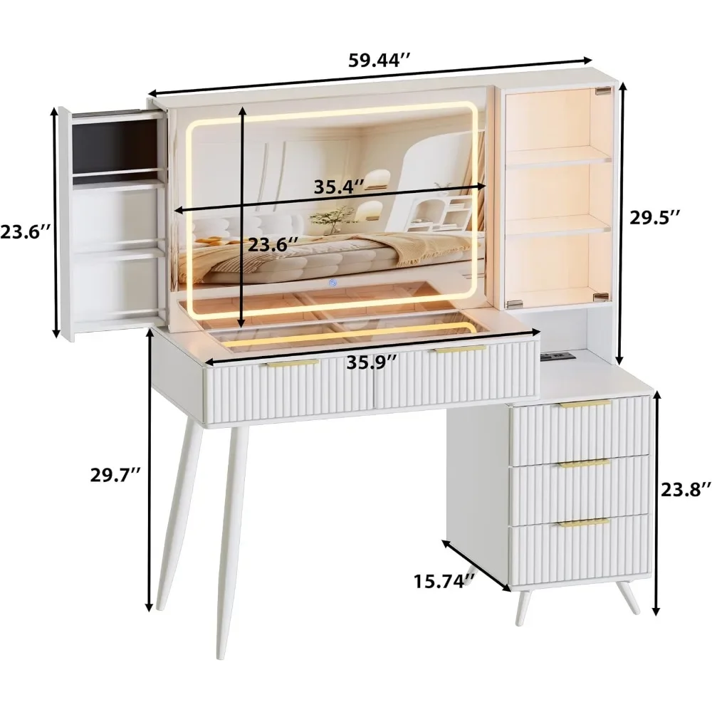 Vanity Makeup Desk Mirror and Lights & Charging Station Vanity Table 5 Drawers Dressers 3 Shelves
