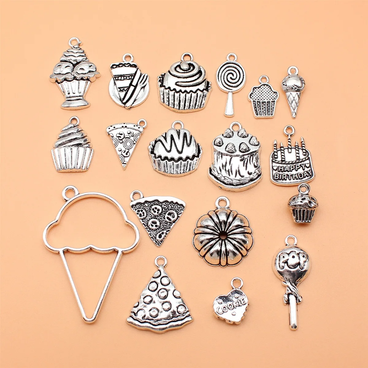 

18pcs Antique Silver Color Cupcake Cookies Pizza Ice Cream Charms Collection For DIY Jewelry Making, 18 Styles, 1 of Each