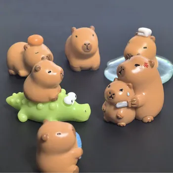 Mini Capybara Family 8-Piece Resin Miniature Figurines Resin Lovely Capybaras Mini Zoo Decorations Fairy Garden Accessories