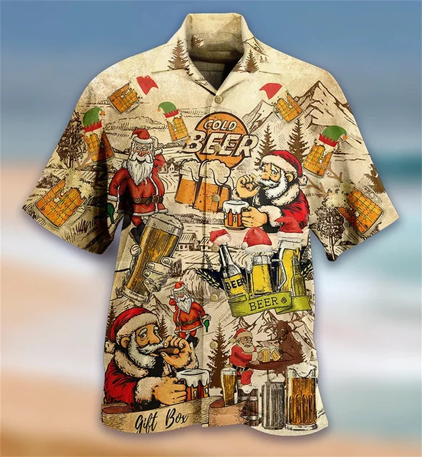 Made In Hawaii Men's Christmas Hawaiian Shirt - Beach Snowmen Print, 100% Cotton Poplin, Authentic Aloha Shirt