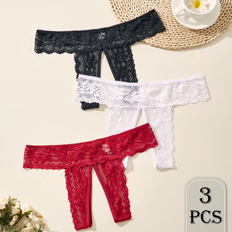 1 Stück Einfarbige Spitzen-Damenunterwäsche Sexy Verführerische Offene Slips Sommer-Qualitäts-Damenhöschen – Detail 2