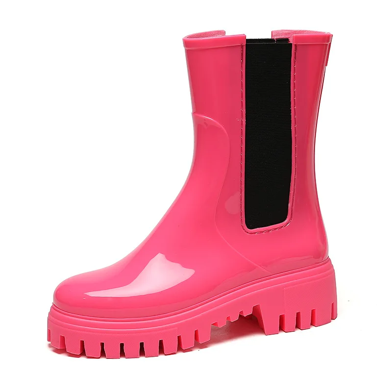 2023 Women Mid-calf Motocycle Rain Boots Thick Bottom Platform Water Shoes Non-slip Wellies Boots Multi Colors