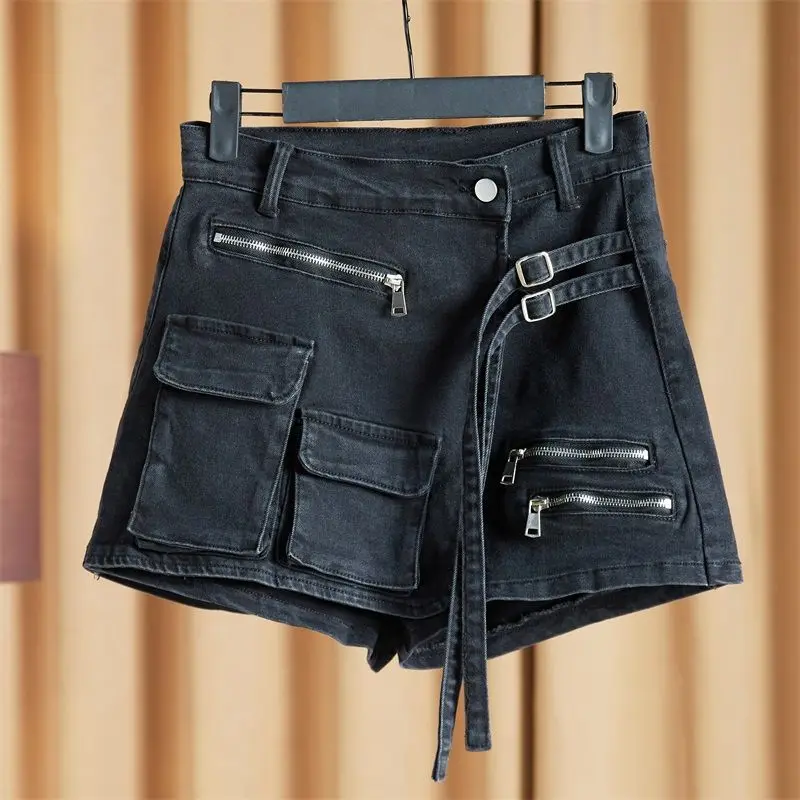 Korean  irregular  pocket work suit A-line shorts Women's loose wide leg pants 2023 Spring/Summer new denim skirt pants