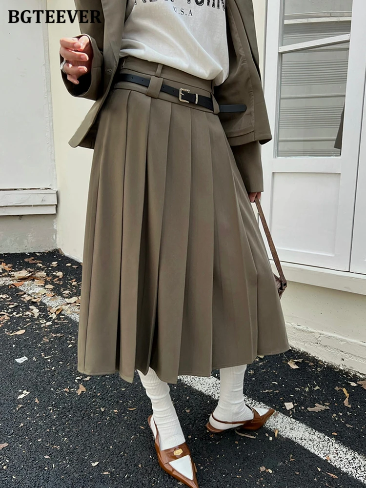 

BGTEEVER Vintage Loose Women Pleated Skirts Fashion High Waist Belted Ladies A-line Skirts Spring Summer