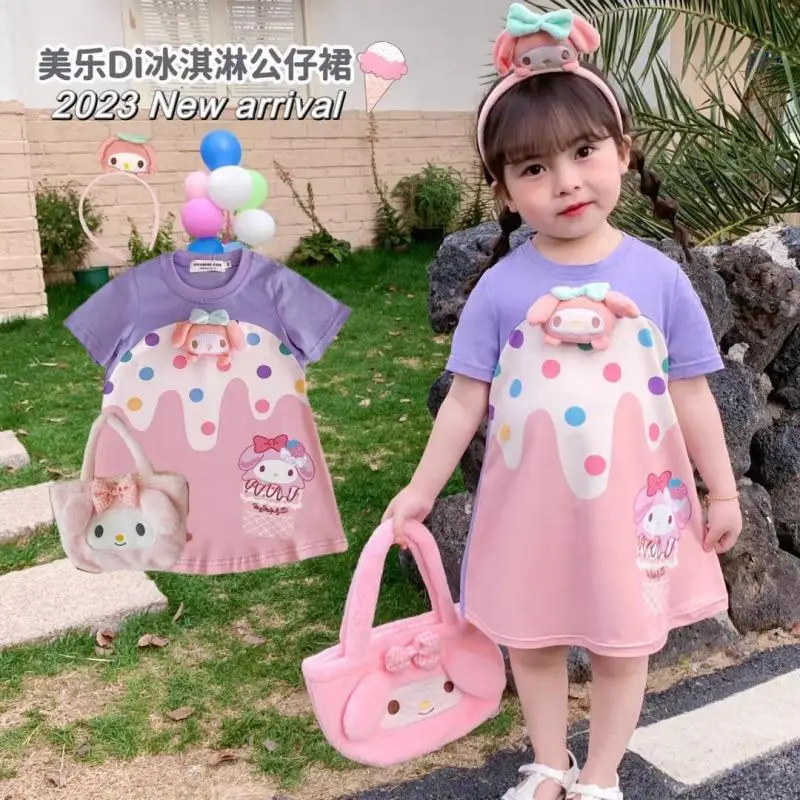 

Kawaii Sanriod Anime Hobby My Melody Girls Dress Summer New Color Polka Dot Ice Cream Three-Dimensional Doll Dress T-Shirt Dress
