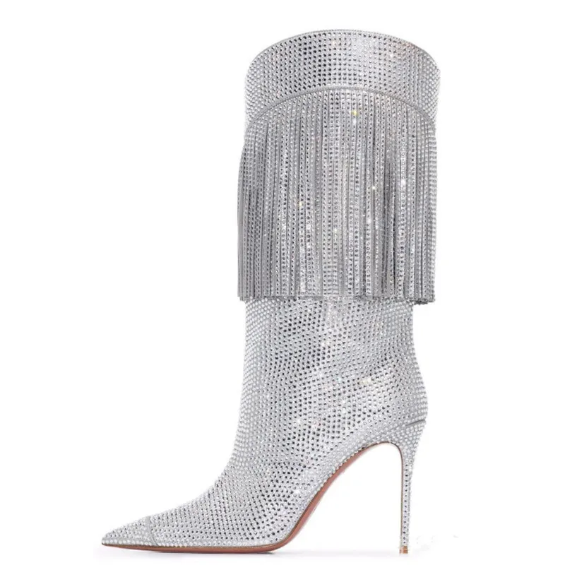 

Sliver Fashion Pointed Toe Glitter Stiletto Ankle Boots Rhinestone Tassel Fashion Catwalk Boots Noble Sexy Party Women's Boots