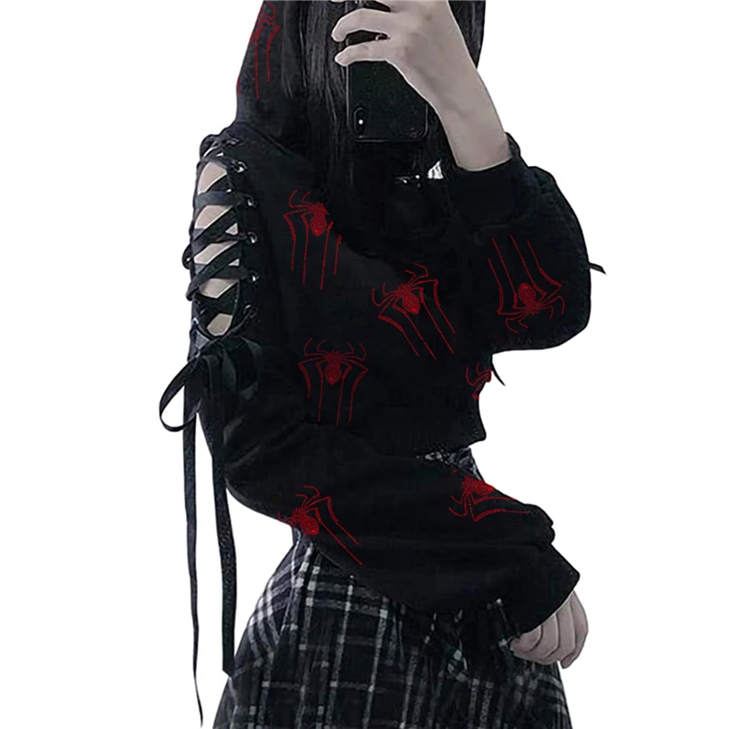 

Rhinestone Spider Hoodie y2k Aesthetic Women Graphic Print Long Sleeve Hooded Tops 2000s Sweatshirt Casual Pullover Streetwear