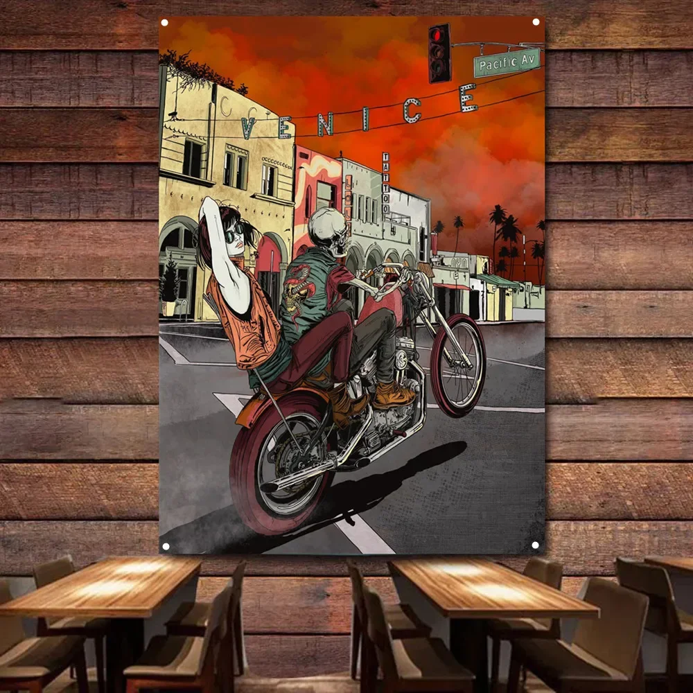 Motocyklista I Niemowlęta Plakat Vintage Stacja Benzynowa Ściana Flaga Na Ścianę Wiszący Banner Samochody Obraz Do Garażu Wystrój Domu Gobelin