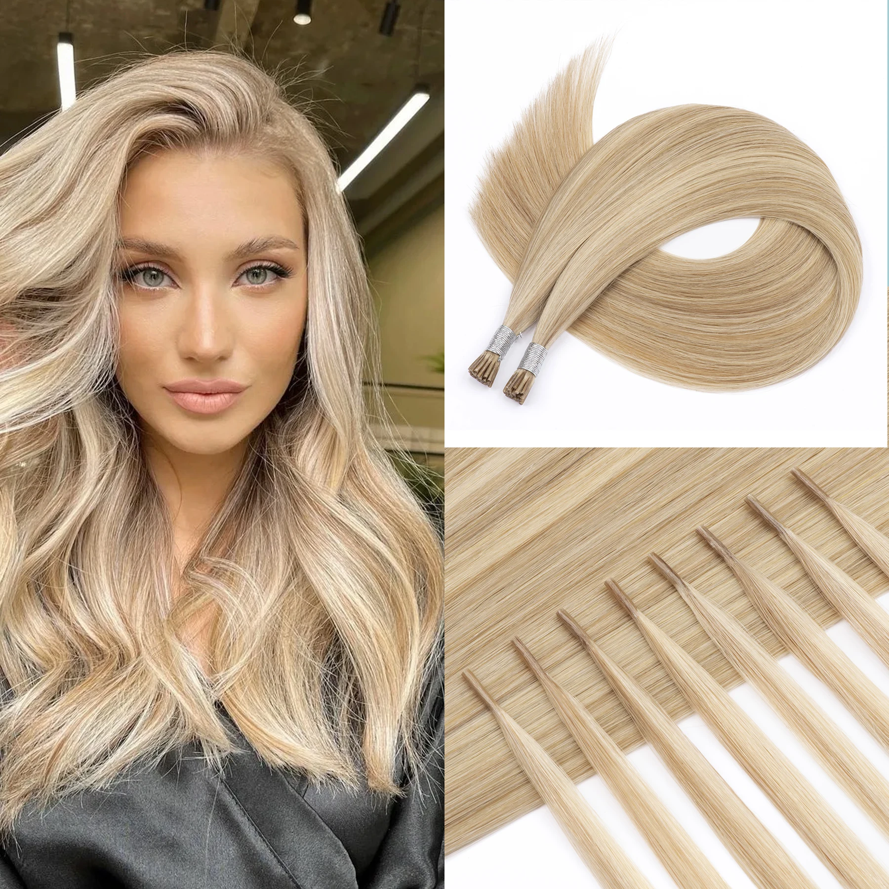 Itip Human Hair Blonde I Tip Hair Extensions Human Ash Blonde to Bleach #18/613 Pre Bonded I Tip