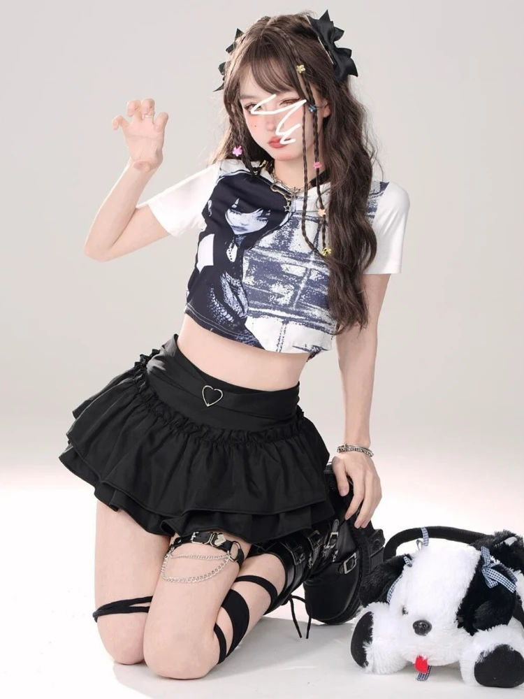 Gonna Kawaii Con Pizzo E Volant – Mini Corta Elastica Nero Lolita Gotico Y2K Giapponese