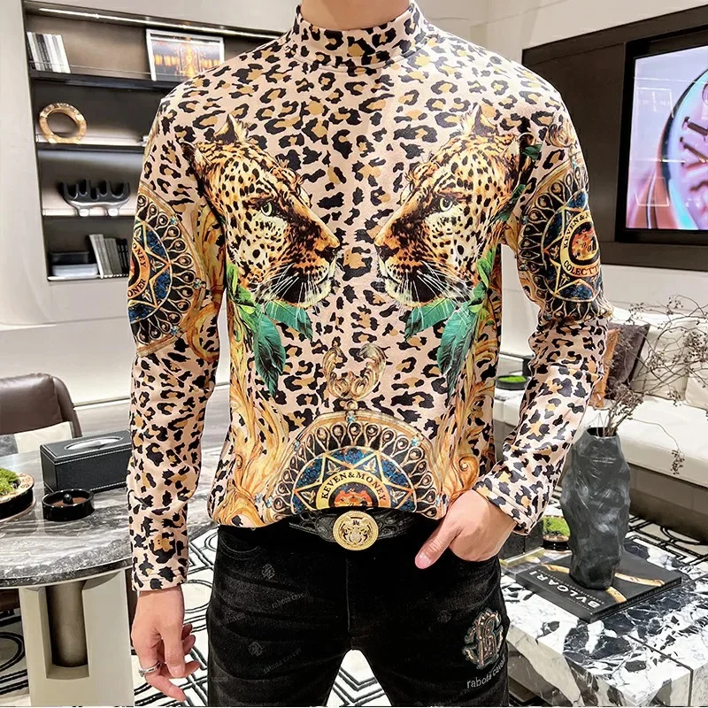 

Autumn Winter 3D Leopard T-shirt Men Fleece Half Turtleneck Slim Casual Business Pullover Social Street Wear Sweatshirts