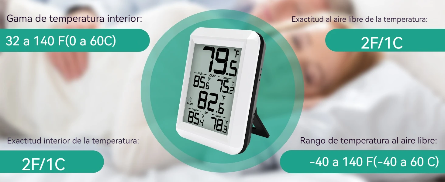 Termómetro digital inalámbrico inteligente: monitor de temperatura interior/exterior con registros mínimos/máx. Alcance 