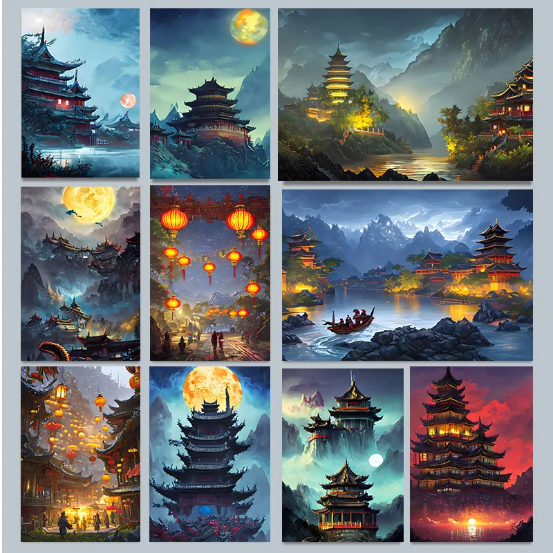China Landscape Chinese Fantasy Palace Dragon Moonlight Poster Print Wall Art Pictures Canvas Painting Living Room Home Decor