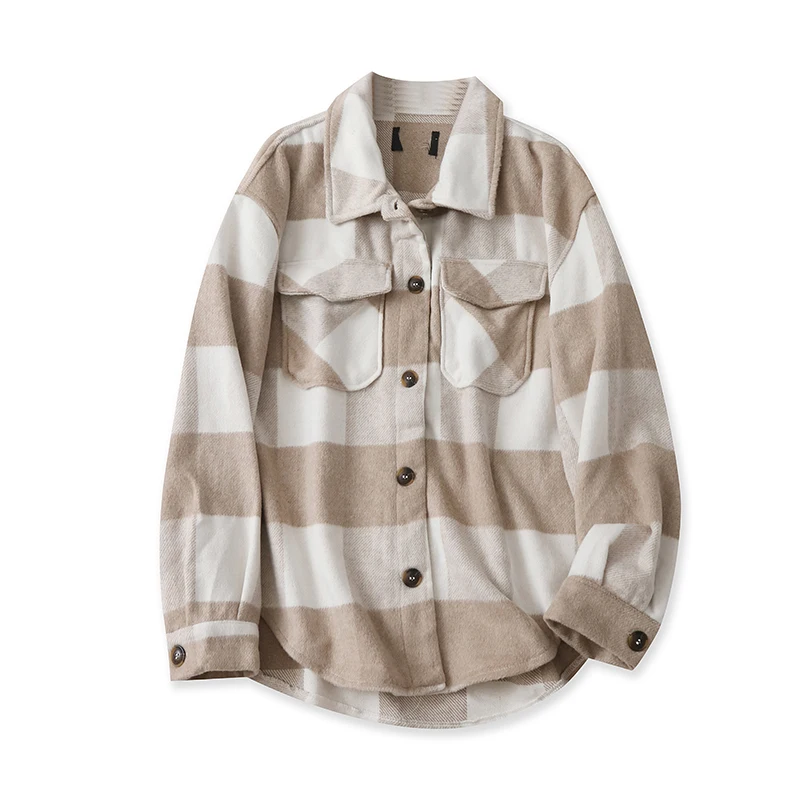 

Sanded Plaid Coat Casual Single-breasted Loose Long-sleeved Shirt 15608