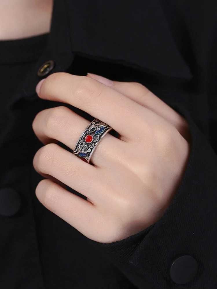 Vintage farbige Emaille Drachen Phoenix spielen Perlen Ring für Männer hohle glück verheißende Wolken trend ige s925 männliche Ring Schmuck Öffnung – Detail 7