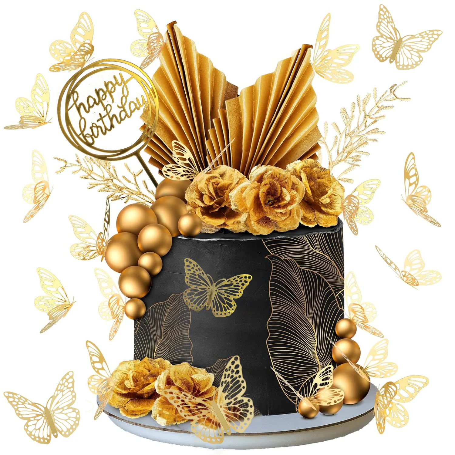 53 Stück Blumen deckel für Kuchen Gold kugeln Dekorationen Boho Topper Schmetterling Geburtstag Hochzeit Baby party Party Dekoration