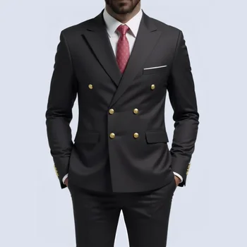 Abito doppiopetto da uomo Nero Slim Fit Costume da sposa di alta qualità Party Prom Abiti maschili con bottoni dorati