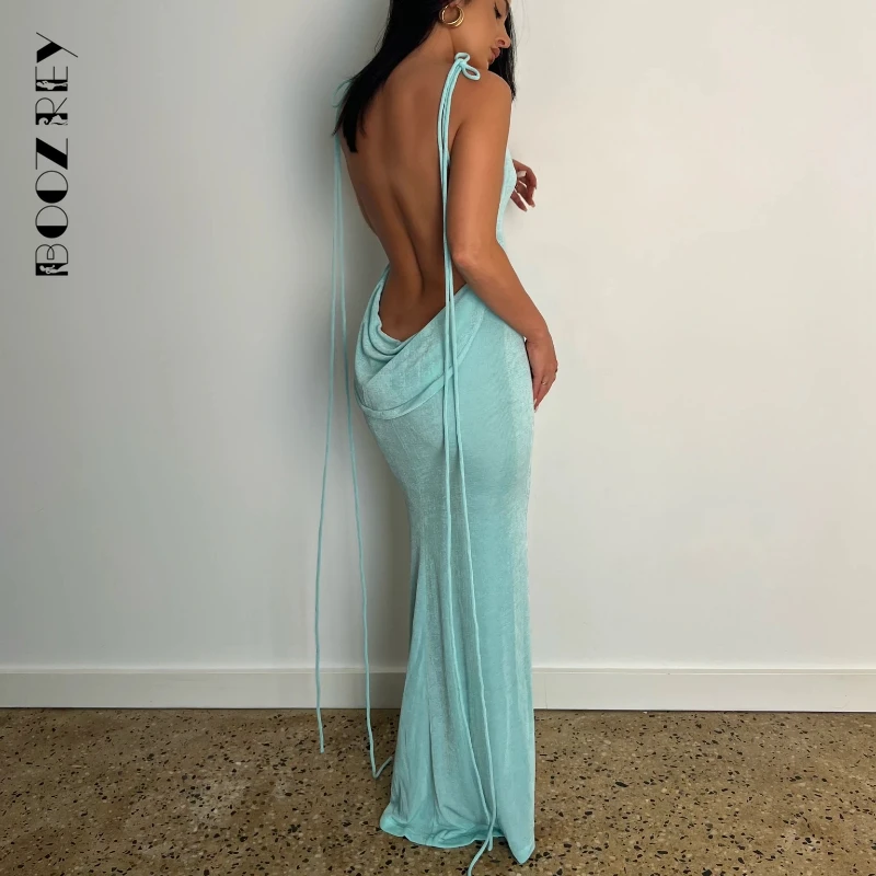 

BoozRey Summer Drawstrings Sexy Swing Collar Backless Sleeveless Maxi Prom Dress Women 2022 Hollow Slit Solid Party Robe Dresses