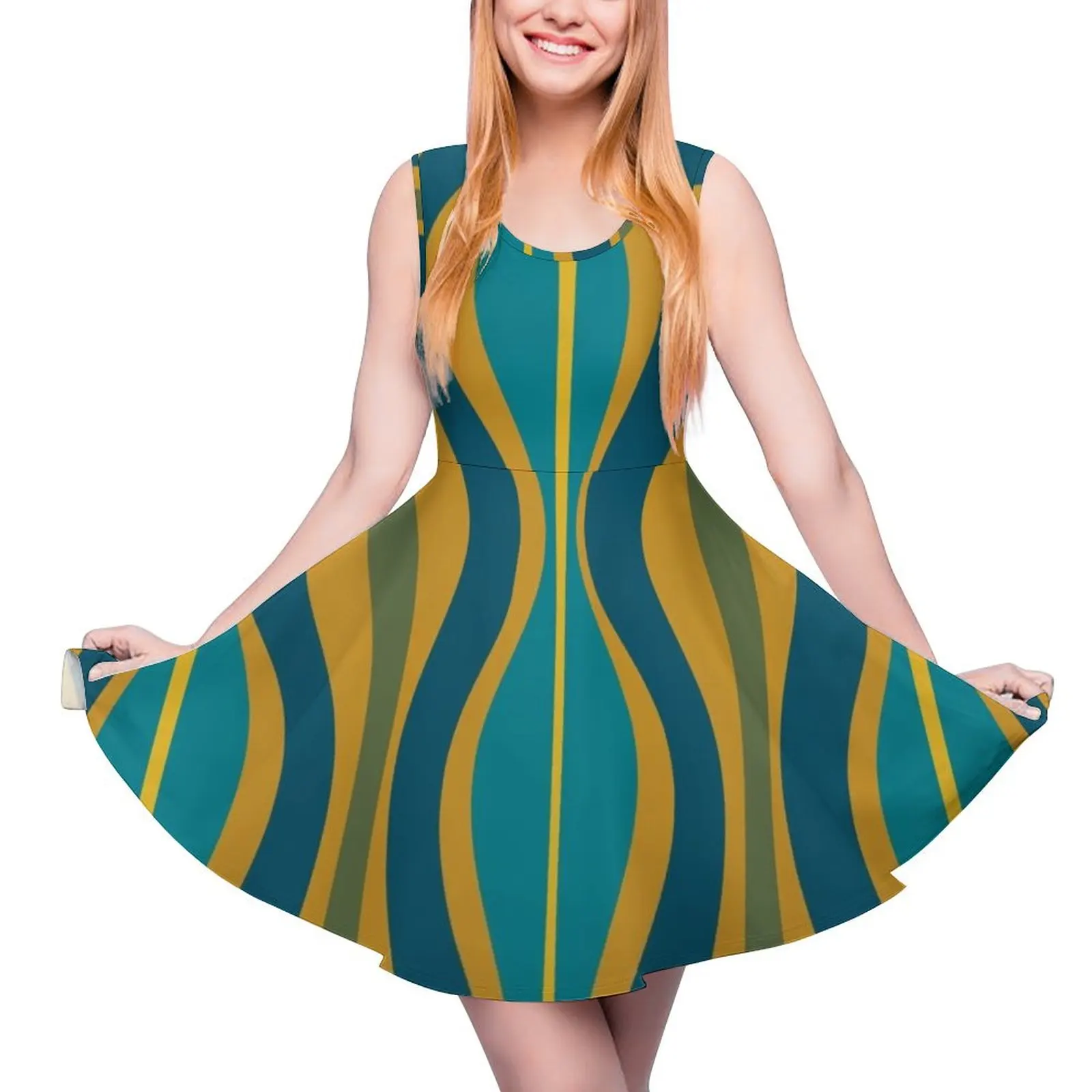

Hourglass Mid-Century Modern Abstract Retro Pattern in Moroccan Blue, Green, Teal, and Mustard Round Neck Dress