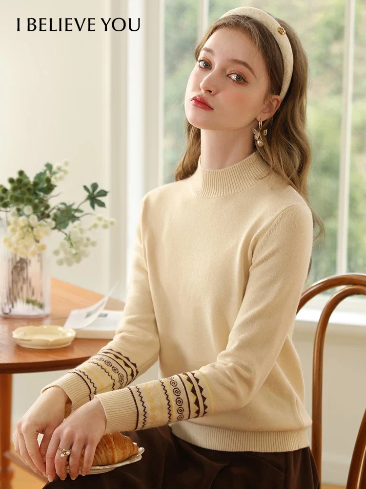 

I BELIEVE YOU Sweater For Women Mock Neck Jacquard Lazy Wind Winter 2023 New Loose Warm Basic Soft Knitwears Jumper 2234125168