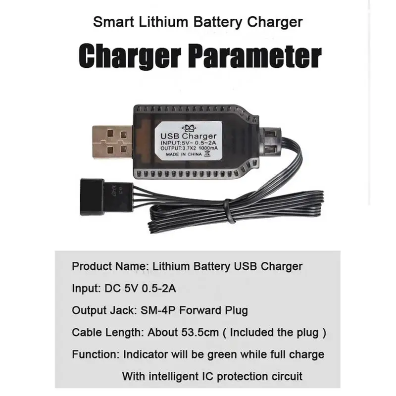 USB Lithium Battery Charger Charging Cable for Toy Battery for 7.4V 1000mA Portable Charging Cable for Toy Battery