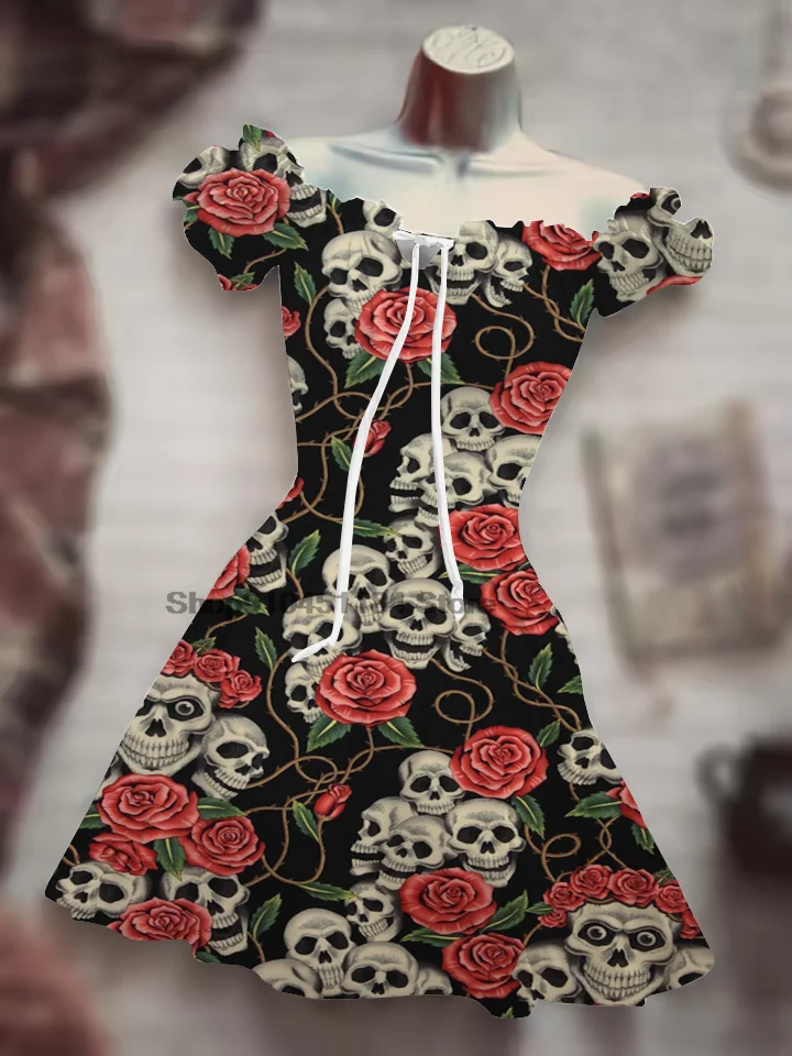 thumbnail image 1 of Disfraz de calavera con mangas abullonadas y cordón, vestido informal de una pieza de terror, disfraz de Halloween con sonrisa, falda corta, ropa hawaiana bohemia, 1 of 5