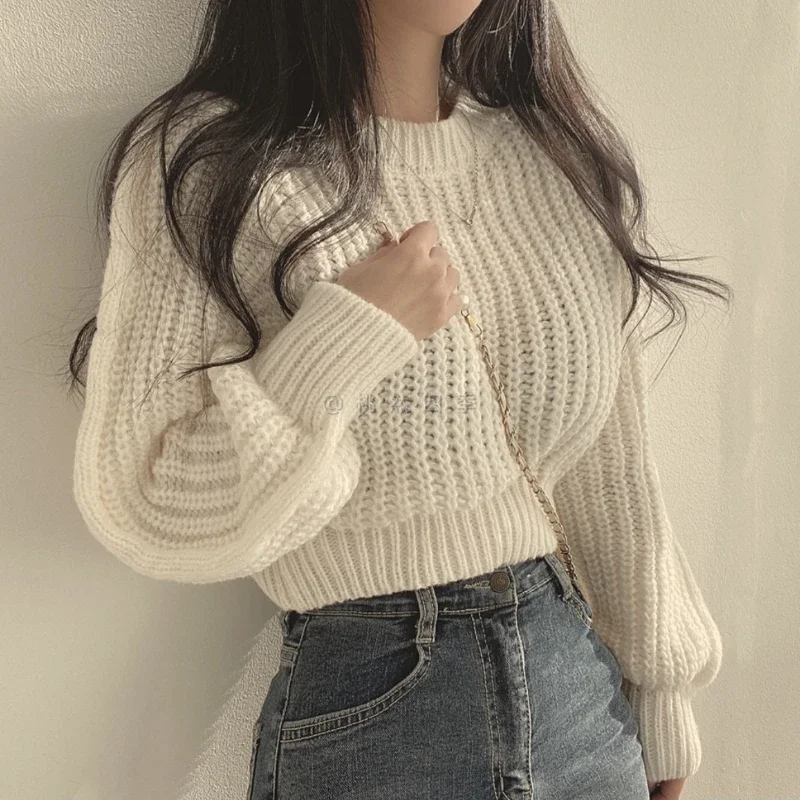 New Women's Autumn and Winter Long Sleeve Sweater Fashion Short Knitwear Crew Neck Lantern Sleeve Top