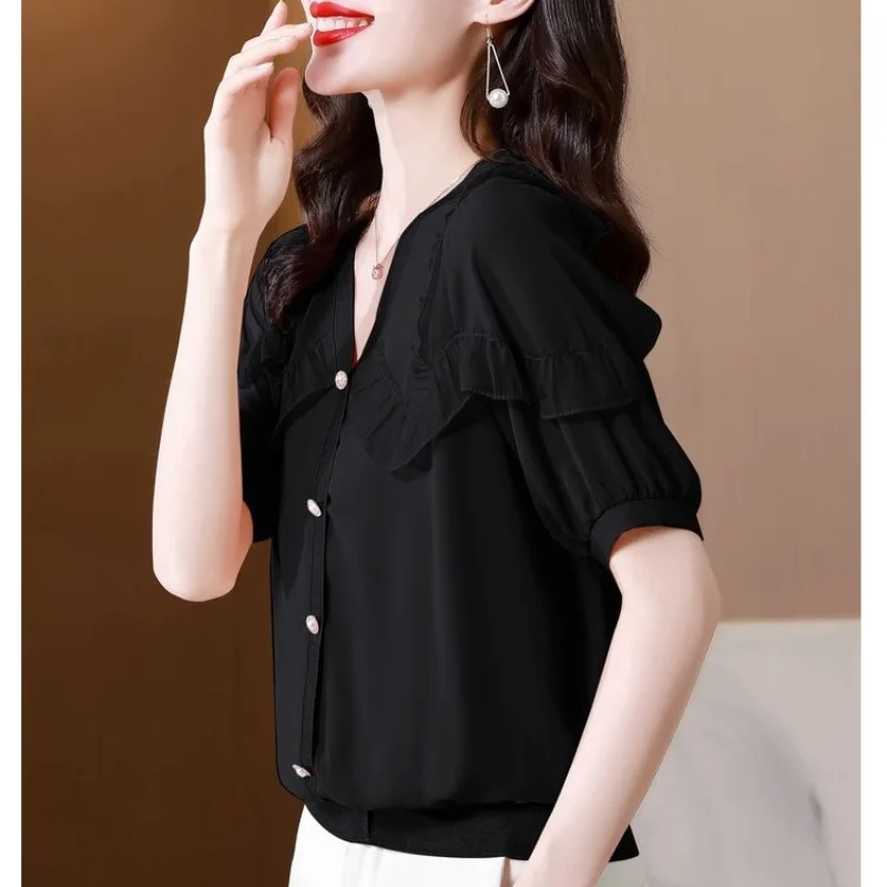2023 New Summer Fashion Trend Commuter Casual French Sweet V-neck Panel Ruffle Edge Loose Covering Belly Slim Women's Shirt