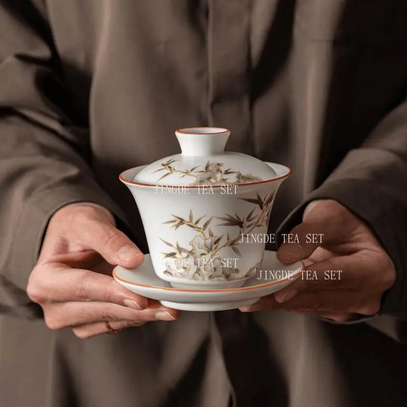 Bamboo Three Talents Bowl Cover Chinese Style Tea Bowl Household Small Capacity Tea Cup Underglaze Colored Drinking Utensils