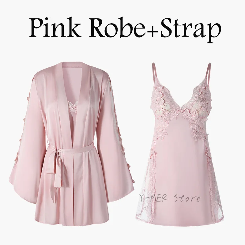 

Women Satin Robe Set Embroider Lace Flower Homewear Loungewear Sexy Strap Spaghetti Nightgown Baggy Kimono Bath Gown Lingerie