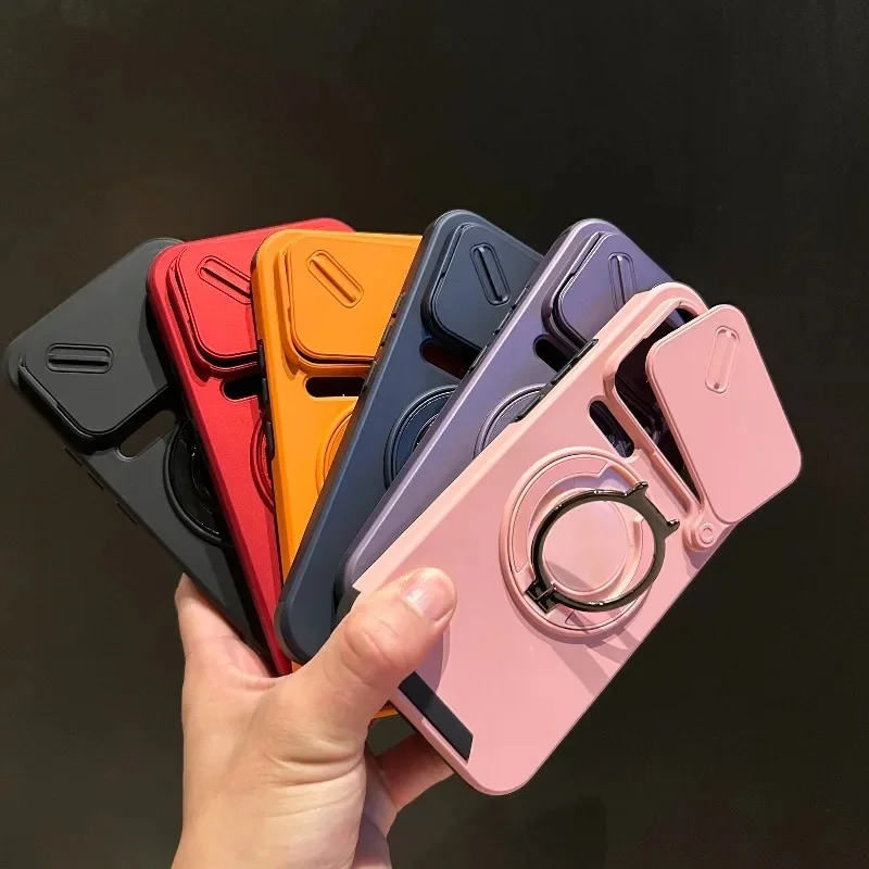 Slide Camera Cover Shockproof Case with Magnetic Ring Stand and Hard PC TPU Protective Shell