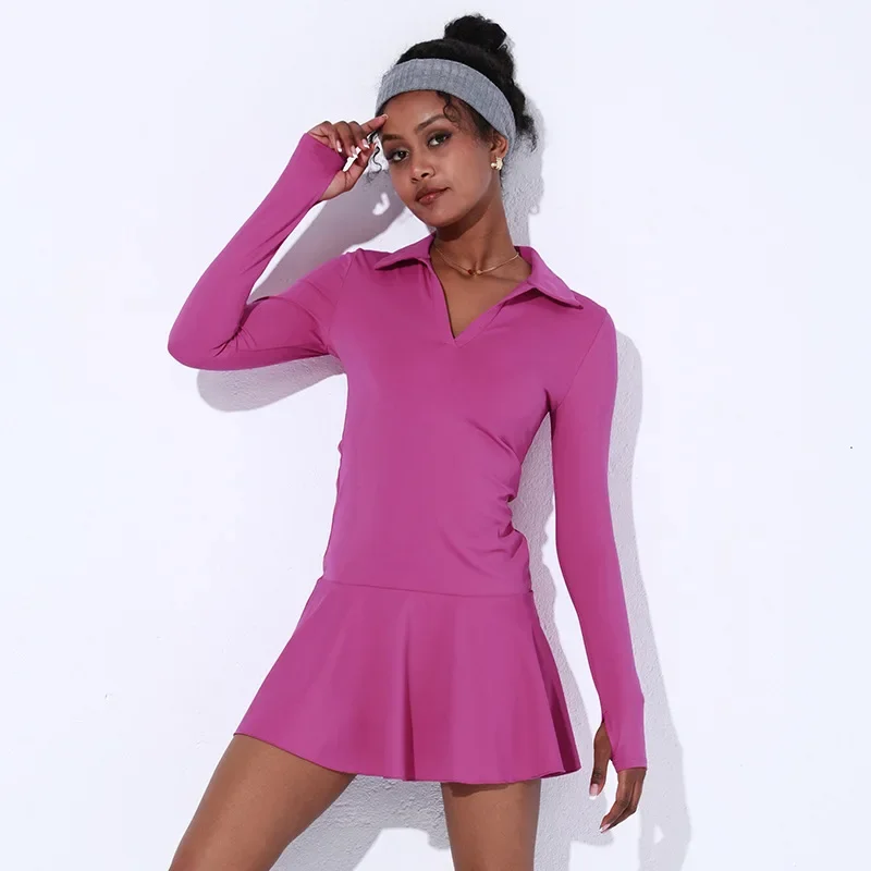 One Piece Tennis Skirt Nude Sports Short Dress Yoga Fitness Wear Long sleeve high collar