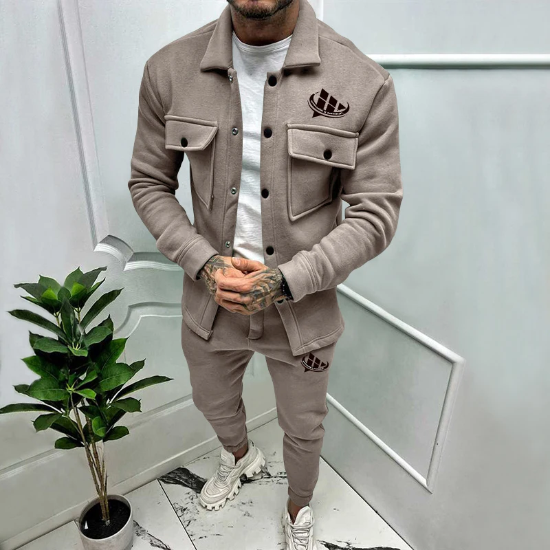 

2023 Fashion Brand Autumn/Winter Men's Slim Fit Jacket Long Sleeve Tie Leggings Outerwear Casual Two Piece Set