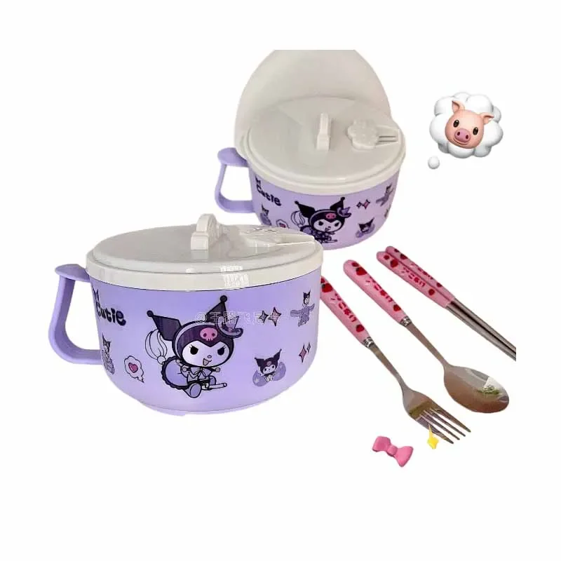 Sanrioed Kawaii аниме мультфильм серия 304 нержавеющая сталь миска для лапши быстрого приготовления с крышкой большая сливная миска коробка для ланча