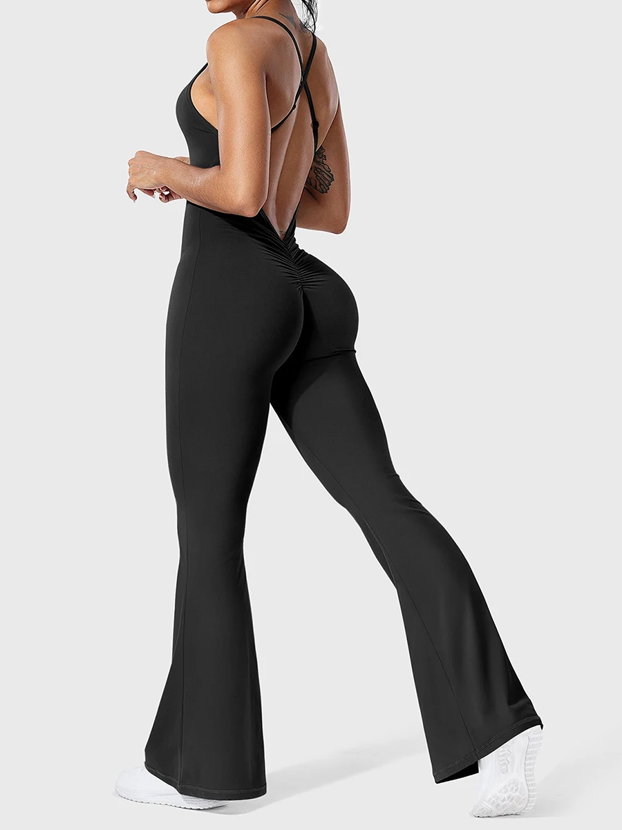 

Women Sleeveless Spaghetti Strap Jumpsuits Solid Color Bodycon Rompers Flare Pants Sexy Cross Backless Unitard Playsuits