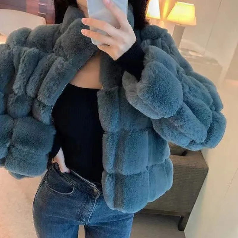 Temperament Plaid Faux Rabbit Fur Coat 2023 Winter New Women Loose Stand Collar Outwear Casual Warm All-match Short Jacket