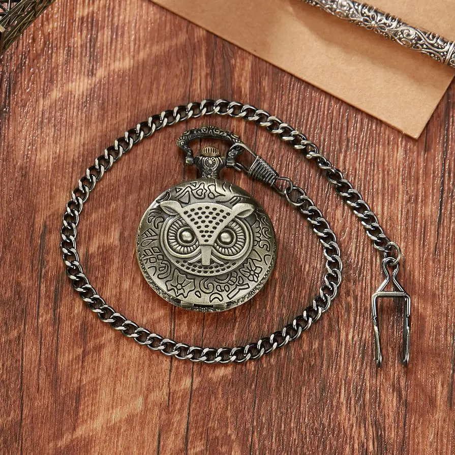 Green Owl Luxury Rhinestone Skeleton Mechanical Pocket Watch with FOB Chain Steel Metal Clock Hand Winding Doctor Pendant Watch
