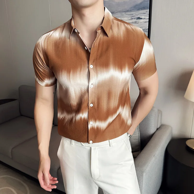 

Gradient Printed Shirt for Men Short Sleeve Casual Shirt Men Clothing Summer Slim Fit Social Party Tuxedo Blouse Streetwear