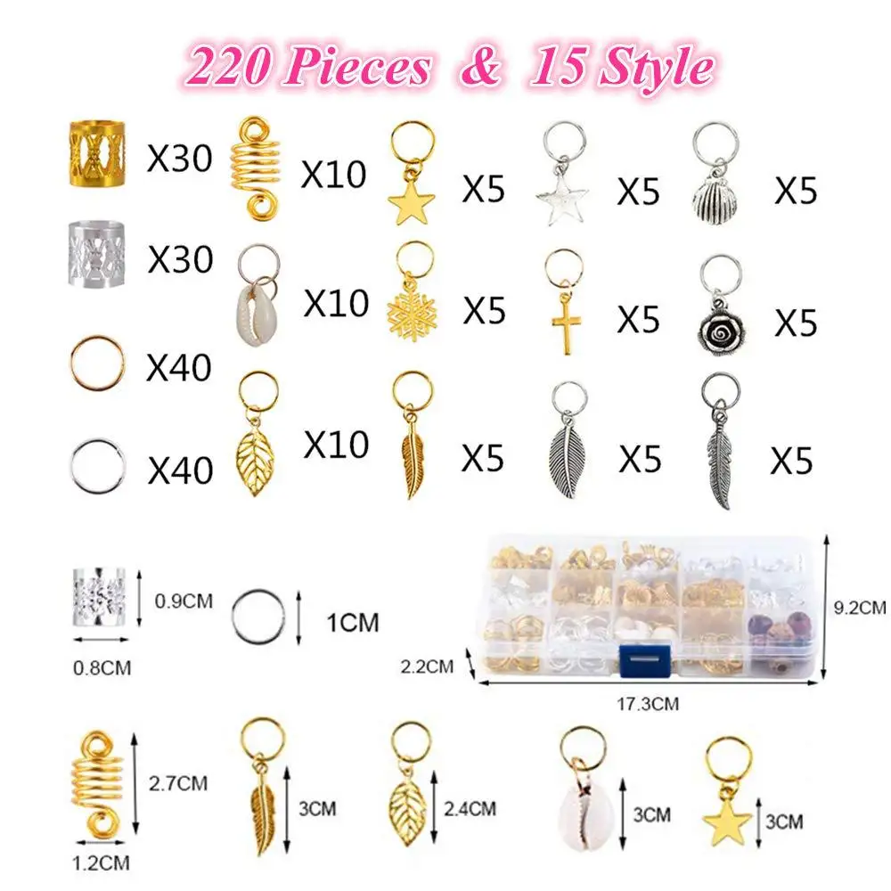 220pcs 15 Style Mix different Metal Leaves Ring Hair Braid Dreadlocks Beads Clips Hair Decoration Accessories with Storage Box