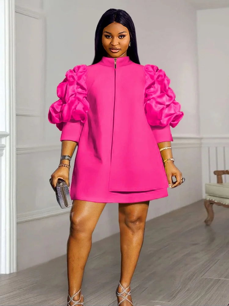 Wmstar Plus Size Dresses for Women Elegant Lady Loose Purff Zipper Up Long Sleeve Party Mini Dress Wholesale Dropshipping 2024