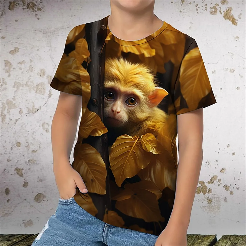 Camiseta infantil de manga curta com estampa de macaco, roupas infantis, camisetas casuais com gola O, traje infantil, envio de 3 dias, roupas de verão