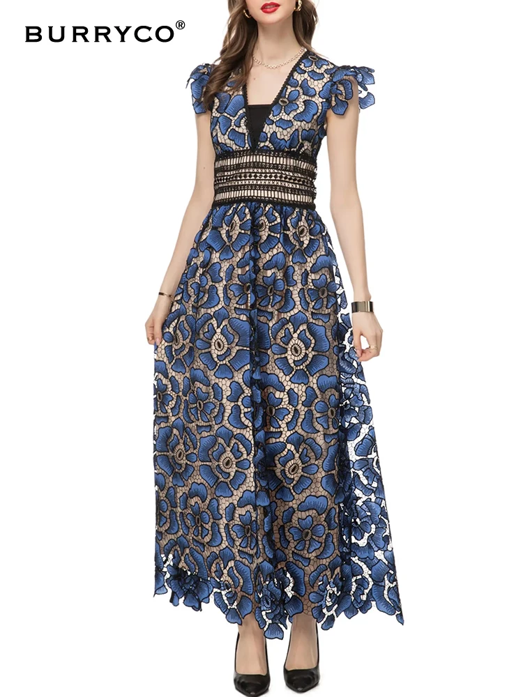 

BURRYCO 2024 Spring Women's New Lace Hollow Out Embroidered Ruffle Lace Heavy Industry Dress