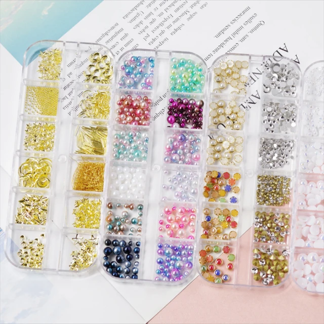 12 Grid Multi-size Nail Rhinestones Nail Art Decorations 3d Crystal Ab  Clear Nail Stones Gems Pearl Diy Gold Silver Rivet Rhine