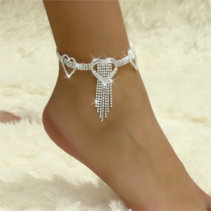 Inlaid Rhinestone Heart-shaped Tassel Charm Anklet for Women Elegant Fashion Summer Vocation Beach Wedding Anklet Jewelry Gifts