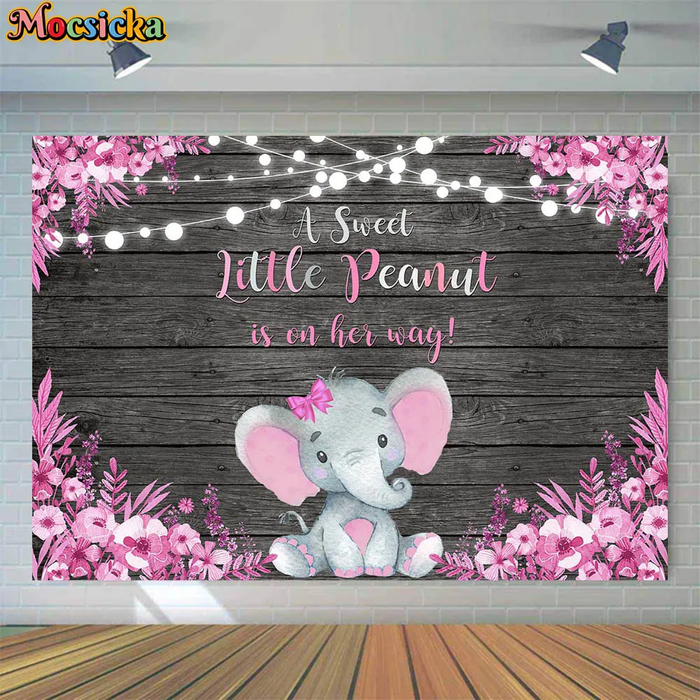 

Mocsicka Baby Shower Backdrop Girl Pink Elephant A Sweet Little Peanut is on Her Way Photo Background Wooden Board Studio Props