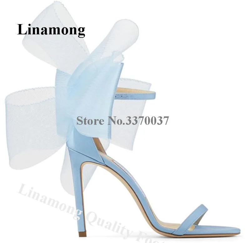 

Lace Butterfly Decorated Sandals Linamong Newest Irregular Mesh Bowties Satin Stiletto Heel Dress Shoes Blue Pink Red High Heels