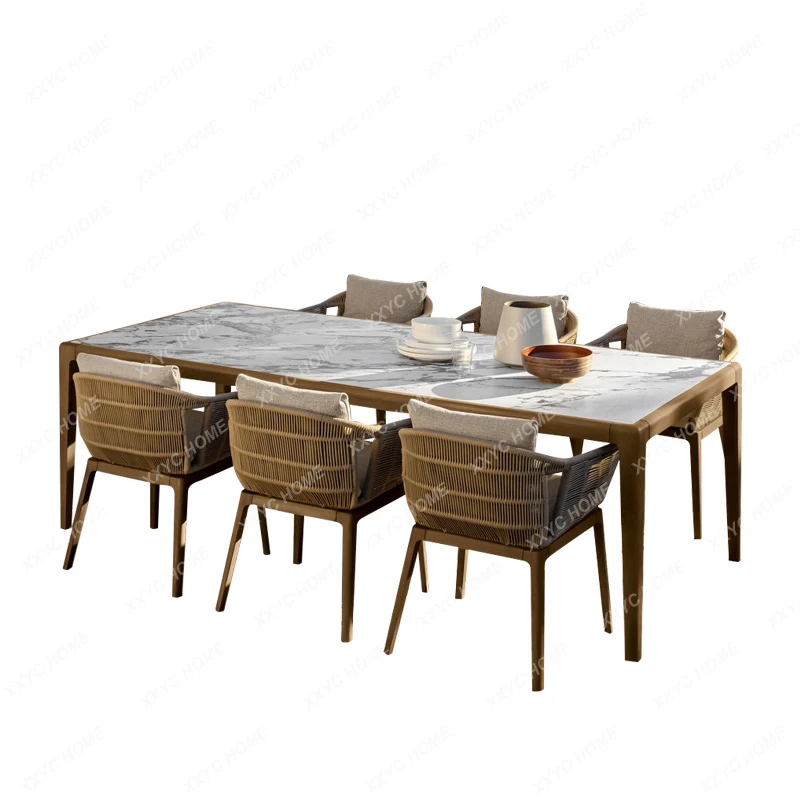 

Outdoor Desk-Chair Outdoor Terrace Garden Marble Solid Wood Rattan Rope Table and Chair Furniture Combination
