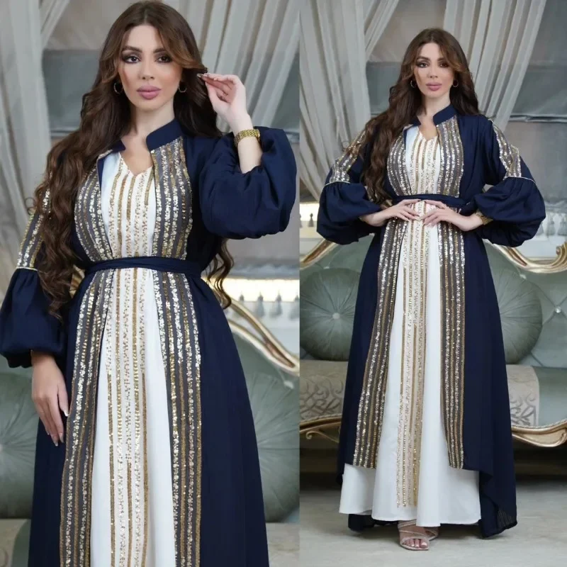Robe Muslim Fashion Women's Wear Sequin Embroider Two-Piece Set Puff Sleeve Dress Muslim Dress Women Formal Dress