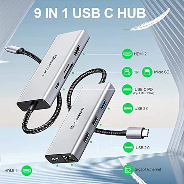 Hub USB C, Stations d'accueil Double Moniteur, 9 en 1 Adaptateur multiport  vers 2 HDMI, DP/DisplayPort, PD 100W, 3 Ports USB et SD/TF, Triple